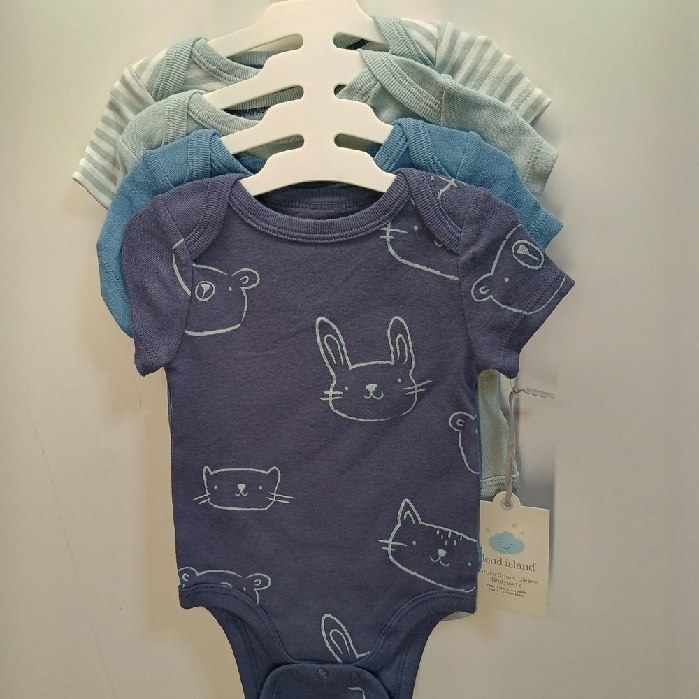 SET OF 4 Cloud Island 0-3 Month Boys Short Sleeve Blue Stripe Baby Bodysuits NWT